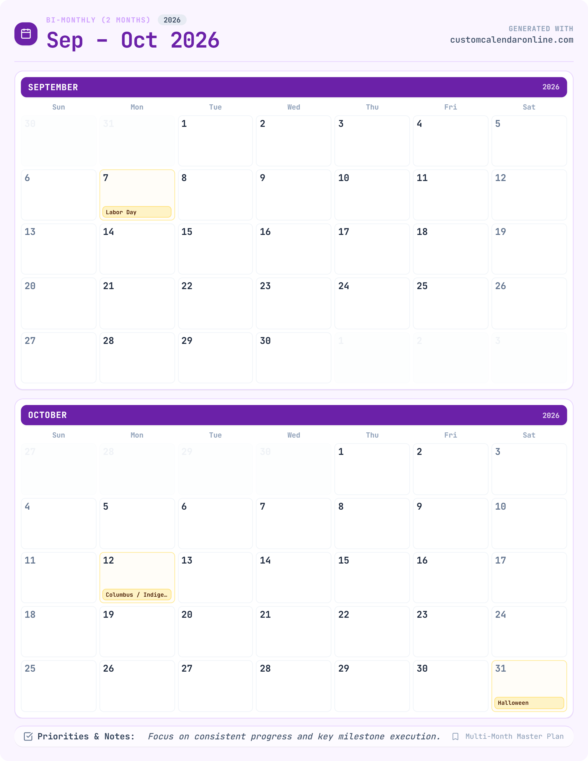 Multi-Month Calendar printable preview